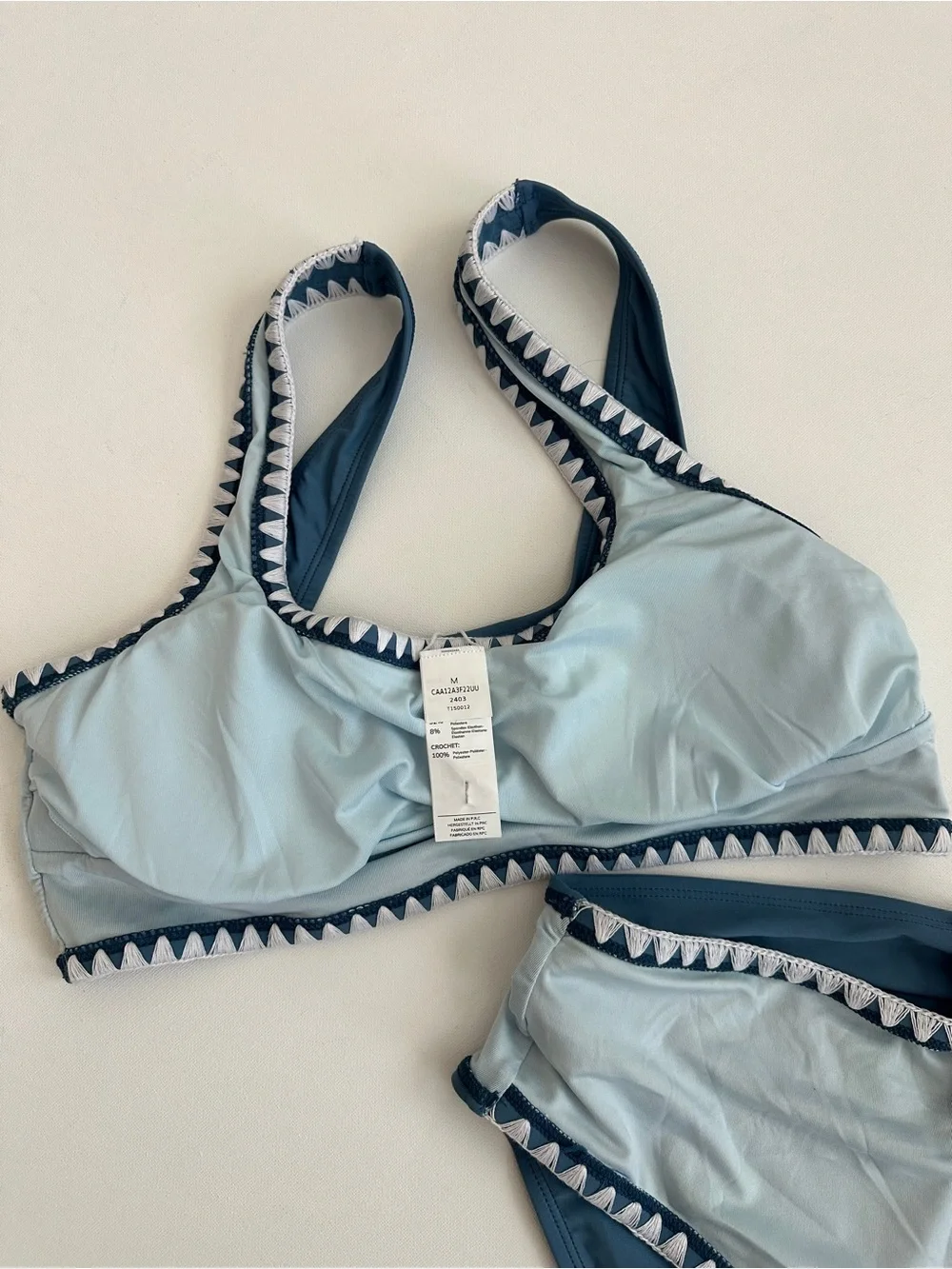 Cupshe Blue White Crochet Trim Scoop Neck High-Waist Bikini Set Size M